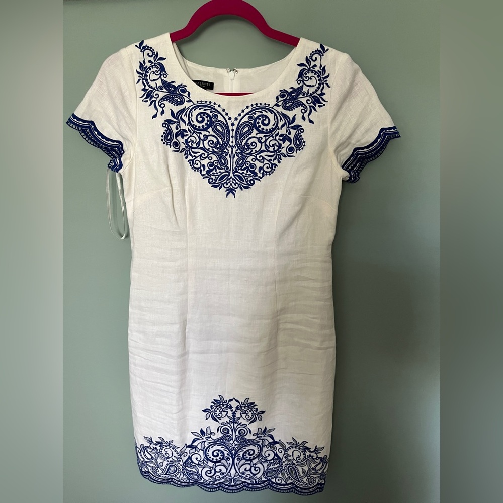 Talbots linen embroidered shift dress white and blue